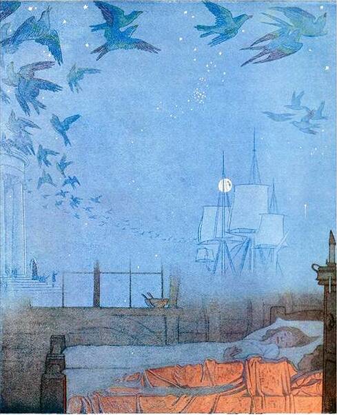 DRIFTING OFF: Illustration by Frederick Cayley Robinson from 'The Blue Bird: a fairy play in six acts' by Maurice Maeterlinck (Dodd, Mead and Company, 1920).
