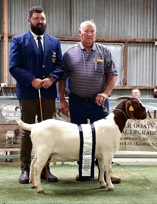 Judge Mac Jordaan with Paul Ormsby of Mugambi Stud and Mugambi Hannah, named Supreme Exhibit at the Southern Aurora Boer Goat Championships.