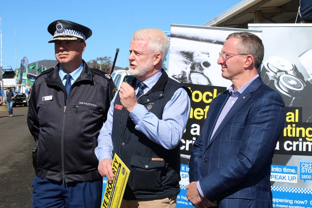 NEW CRIME CAMPAIGN: Assistant Commissioner Geoff McKechnie, state rural crime coordinator Cameron Whiteside and Crime Stoppers CEO Peter Price at the announcement at AgQuip. Photo: Vanessa Hohnke