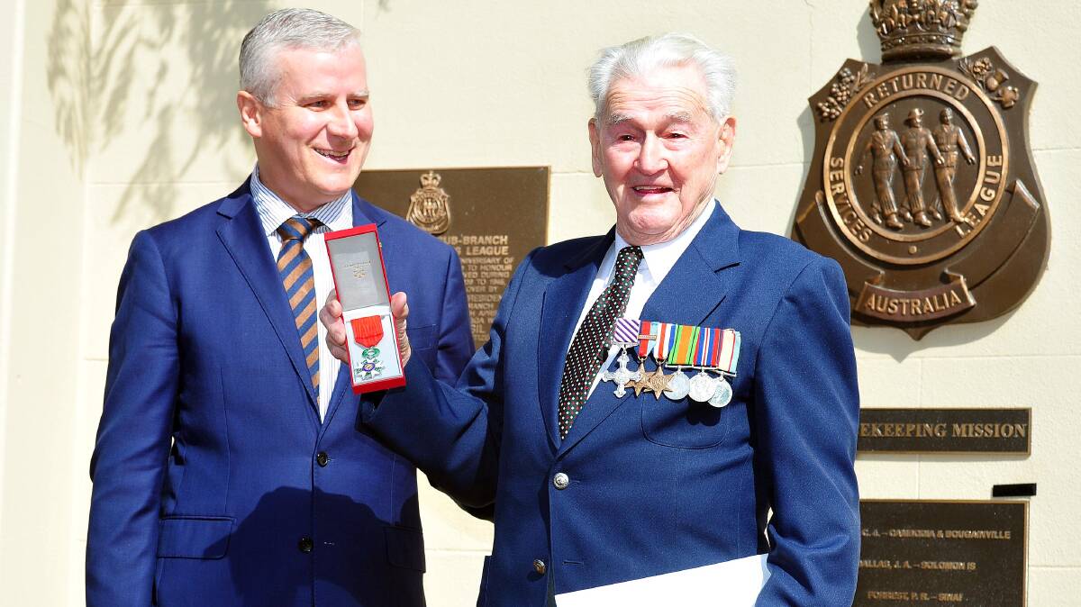 Riverina MP Michael McCormack with World War II airman Bernie Thomas before Anzac Day, 2017. Mr McCormack was named Veterans Affairs Minister on Tuesday. Picture: Kieren L Tilly.
