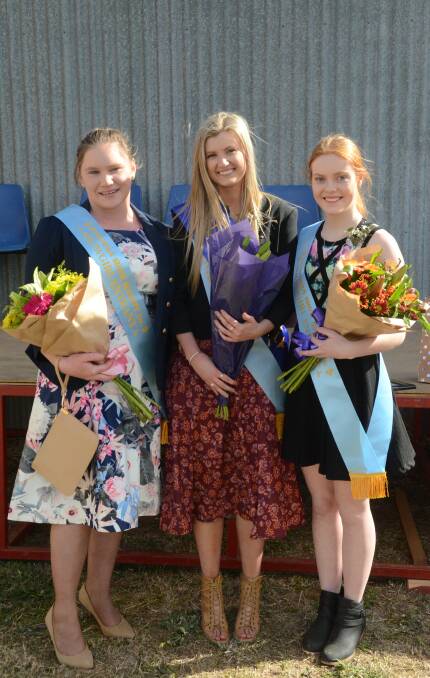 Ambassadors for rural and regional NSW: 2017 Miss Showgirl Caitlin Herbert (centre) with fellow entrants Tara Jenkins and Britney Dukes. Photo: File.