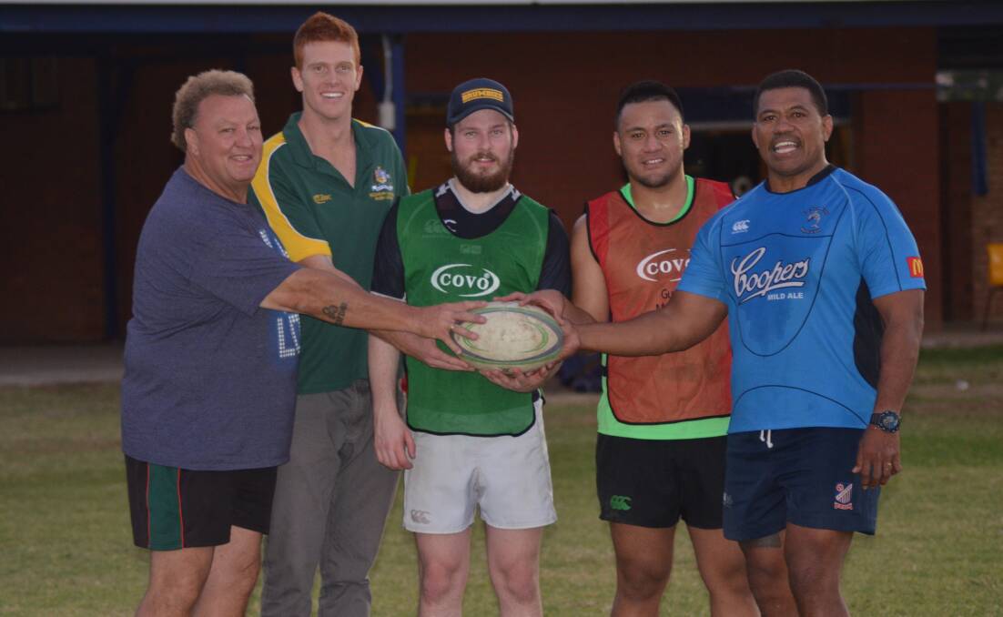 Former Forbes Platypi coach Phil Prior with players Tim Spry, Eoin Scullion, Percy Angilau and last season’s coach for the Platypi Heamani Lavaka.  0415rugbytraining(6)