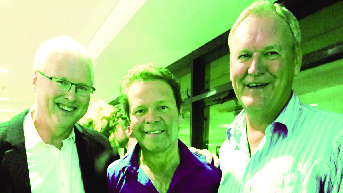 Host of the ABC’s Q&A Tony Jones with Troy Cassar-Daley and Forbes farmer Gary Johnston.