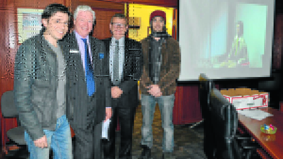 Film director Matthew Holmes (left) and actor Jack Martin (right) with Forbes Shire Council’s Richard Morgan and Brian Steffan. 0614publicmeeting(1)