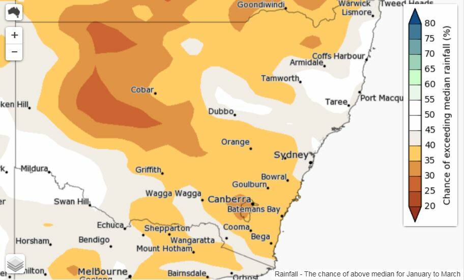 PREDICTIONS: The chance of above median rainfall for January to March. Image: BUREAU OF METEOROLOGY