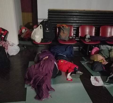Ukrainian circus performers taking refuge in a train station until they can flee the country. Picture: Supplied