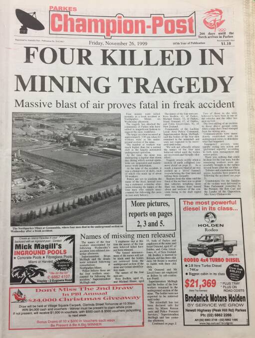 LOCAL PAPER: The Parkes Champion Post's front page on Friday, November 26, 1999 detailing the tragedy and the town's response across three pages.