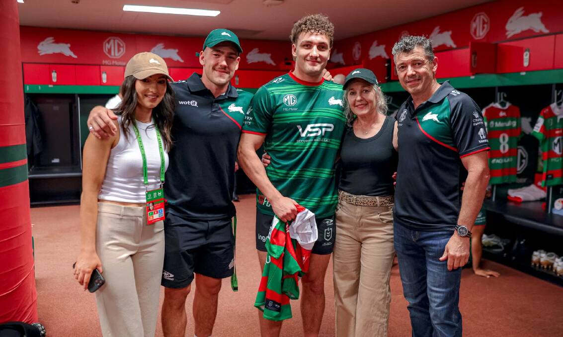 Ben Lovett (centre) made his NRL debut for the South Sydney Rabbitohs on March 25, his sister Claudia, brother Kurt and parents Fiona and John Lovett couldn't be prouder. Picture supplied