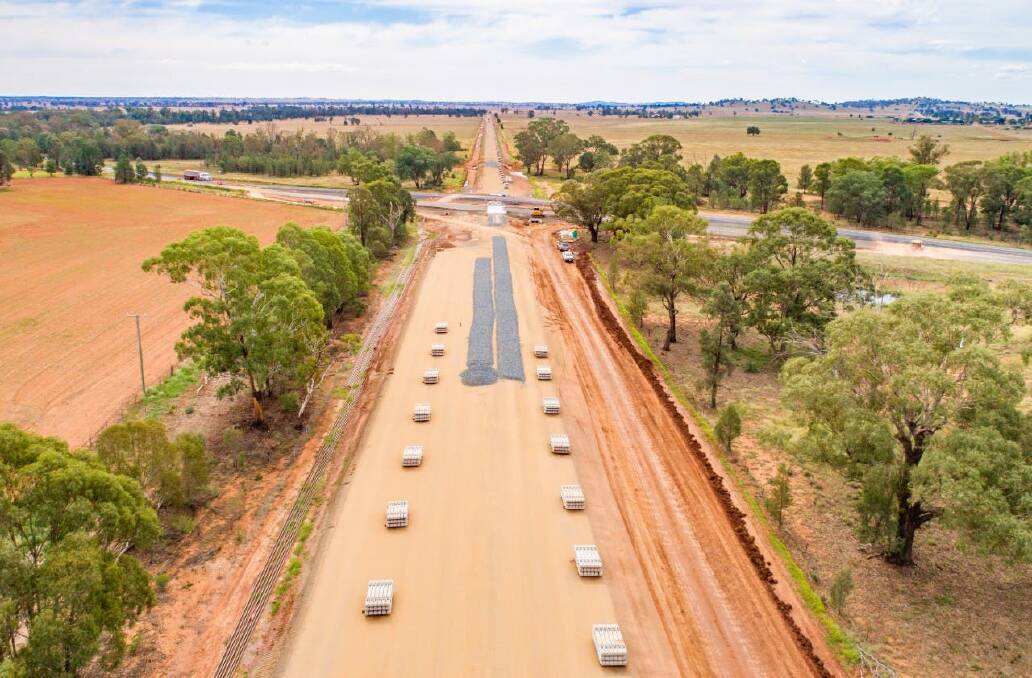 Inland Rail construction near Henry Parkes Way at Parkes, which was part of the Parkes to Narromine section, taking place between December 2018 and September 2020.