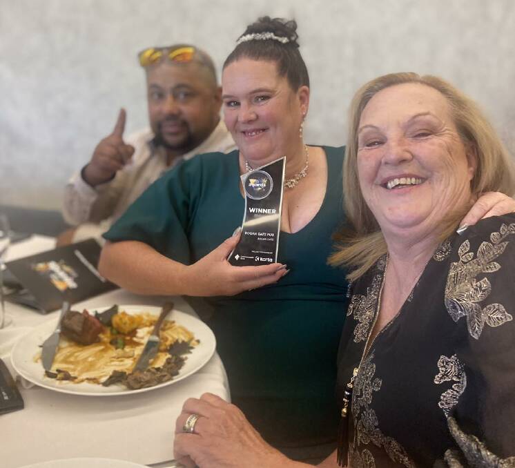 Bogan Gate Pub managers Chris and Kerrie-Anne Schembri, and chef Denise Dwyer proudly show-off their award on Tuesday. Photo by Bogan Gate Pub