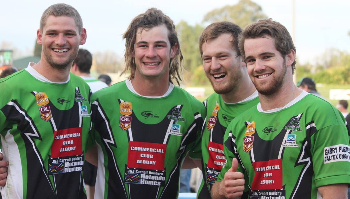 ABOVE: Red Bend graduates now with ­Albury Thunder (l-r) Jake Grace, Andrew Cowhan, Mitch Davis and Lou Goodwin, ­celebrate a win. 